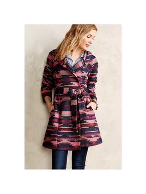 Tabitha Hooded Patterned Belted Coat in Pink and Navy
